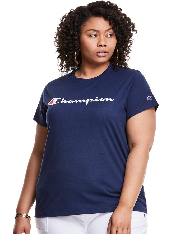 Champion T-Shirt Dames - Donkerblauw - Plus Classic Script Logo ( 527491-AFY )